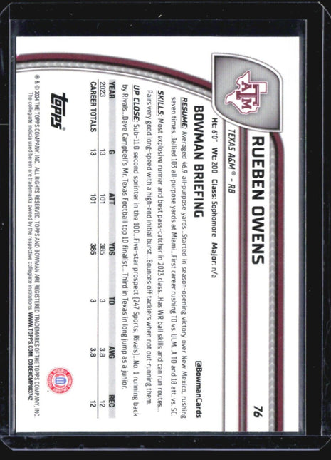 2024 Bowman Chrome U Sapphire Rueben Owens Yellow /75 #76