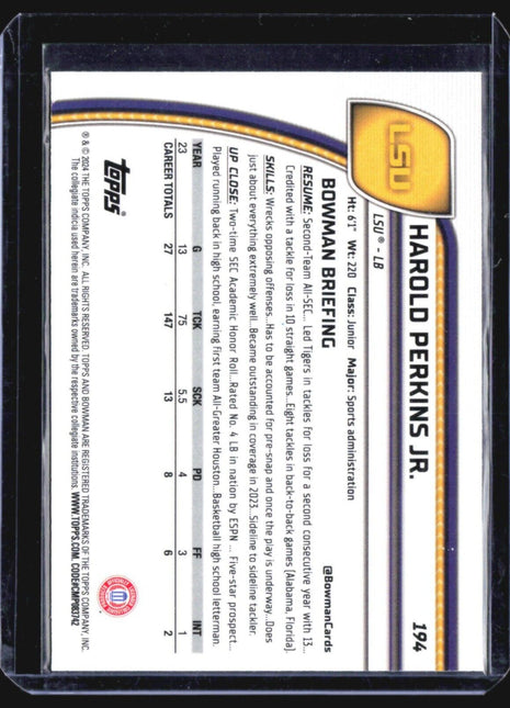 2024 Bowman Chrome U Harold Perkins Blue Speckle /175 #194