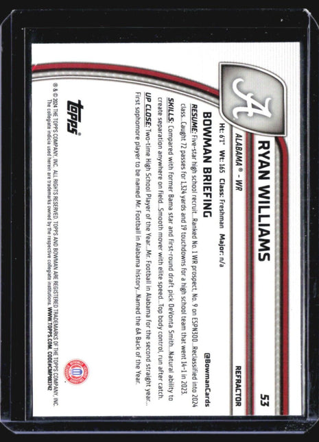 2024 Bowman University Chrome - #53 Ryan Williams (RC) Refractor