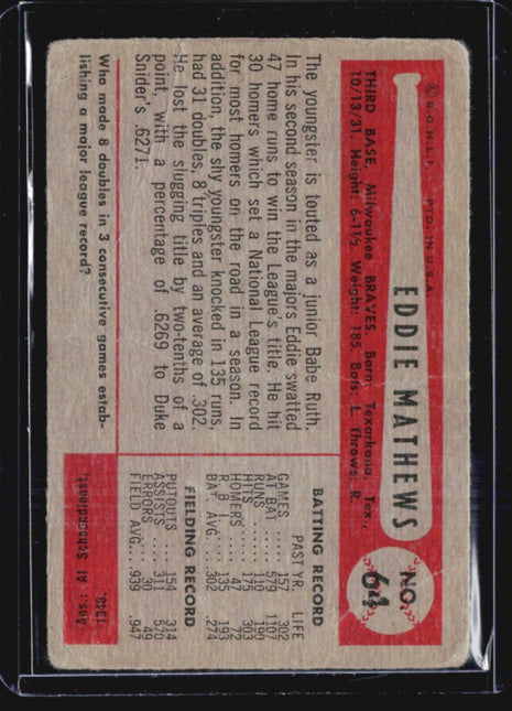 1954 Bowman - #64 Eddie Mathews