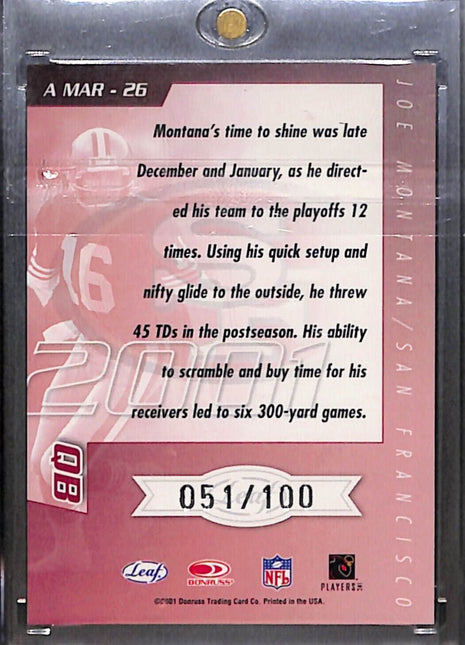 2001 Quantum Leaf - All-Millennium Marks #A MAR - 26 Joe Montana /100 Auto HOF