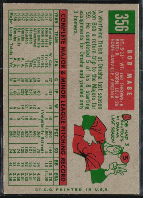 1959 Topps - #356 Bob Mabe (RC)