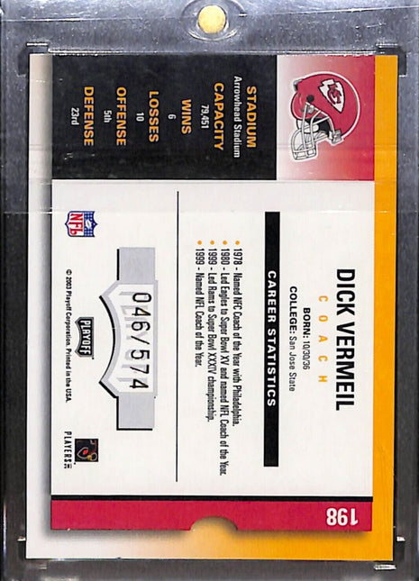 2003 Contenders Season Ticket Dick Vermeil Auto /574 Chiefs HOF