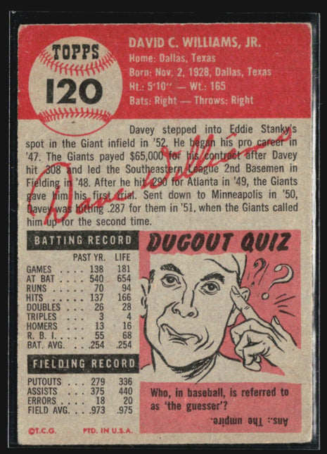 1953 Topps Davey Williams #120
