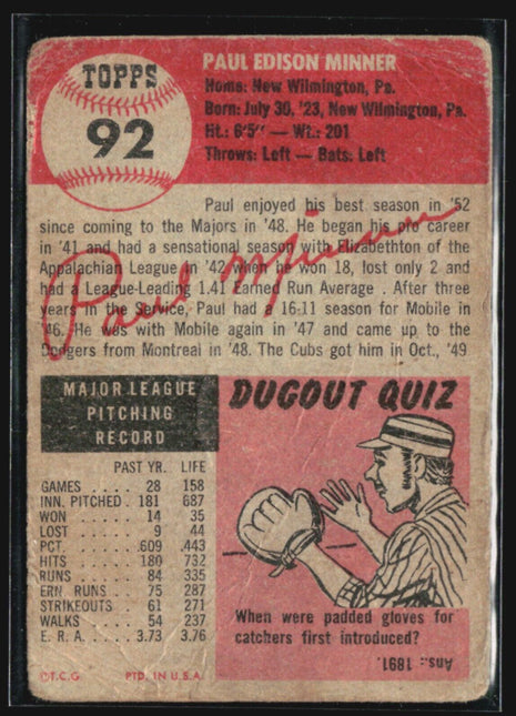1953 Topps - #92 Paul Minner