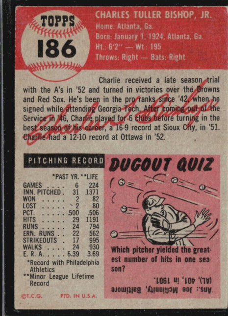 1953 Topps - #186 Charlie Bishop (RC)