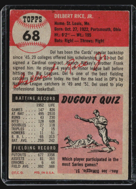 1953 Topps - #68 Del Rice