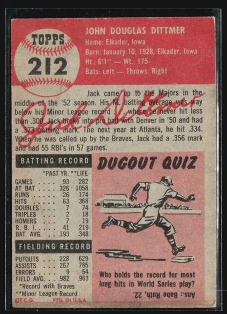 1953 Topps - #212 Jack Dittmer (RC)