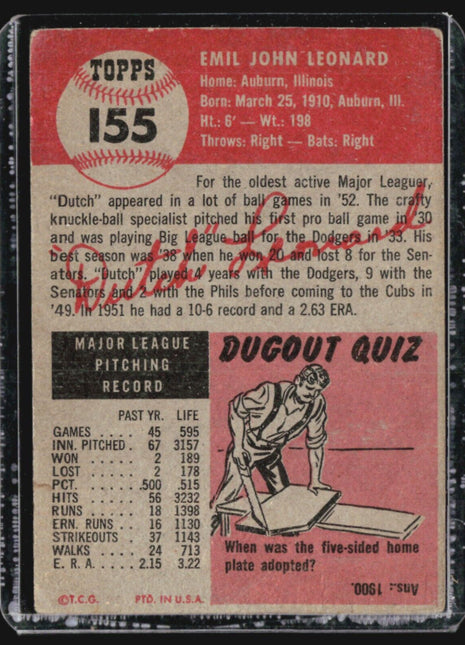 1953 Topps -#155 Dutch Leonard (RC)