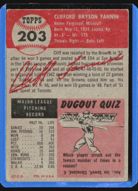 1953 Topps - #203 Cliff Fannin