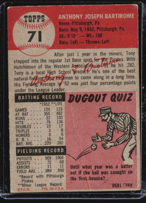 1953 Topps - #71 Tony Bartirome