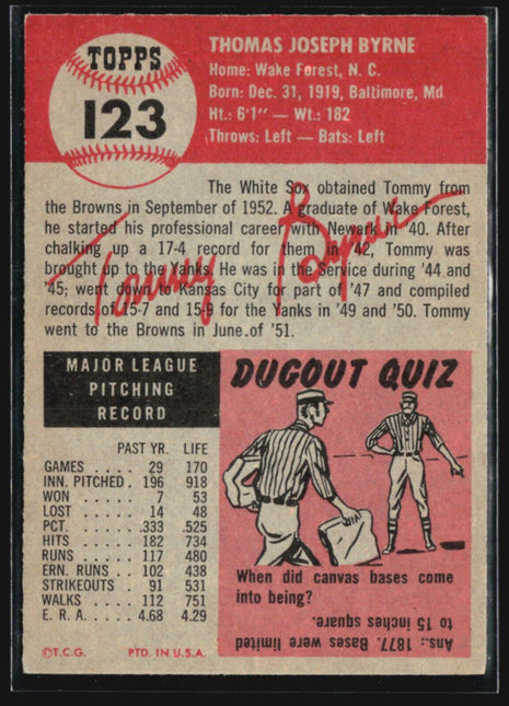 1953 Topps - #123 Tommy Byrne