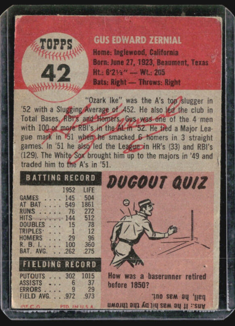 1953 Topps - #42 Gus Zernial