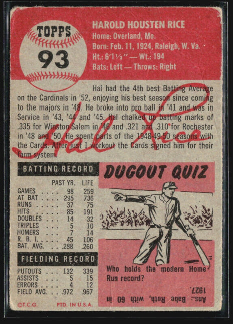 1953 Topps - #93 Hal Rice