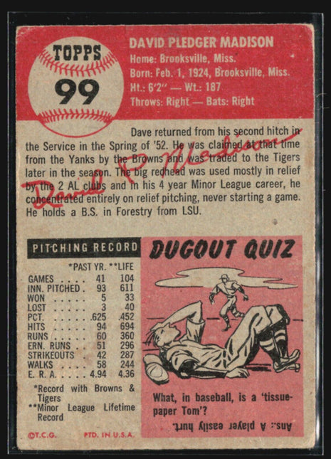 1953 Topps - #99 Dave Madison