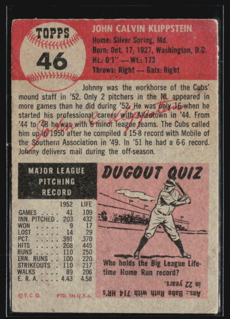 1953 Topps - #46 Johnny Klippstein