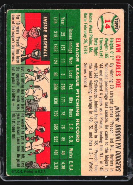 1954 Topps - White Back #14 Preacher Roe