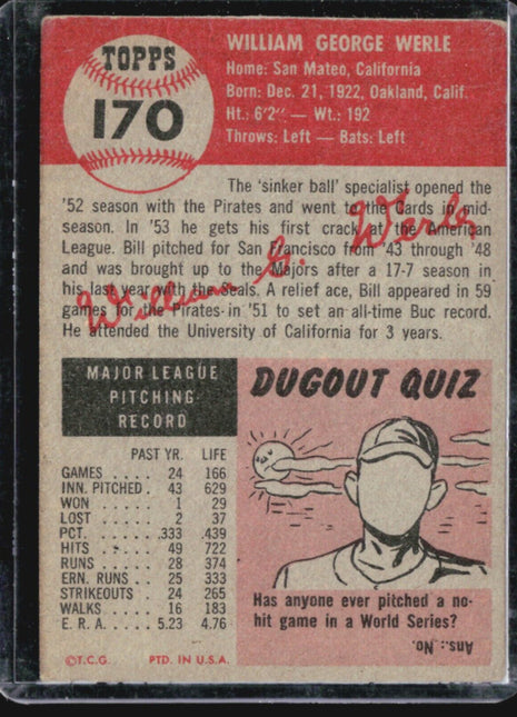1953 Topps Bill Werle #170