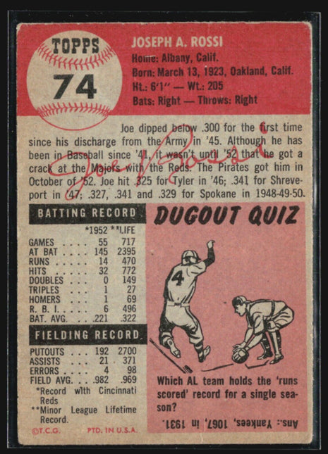 1953 Topps - #74 Joe Rossi