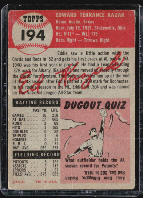 1953 Topps - #194 Eddie Kazak