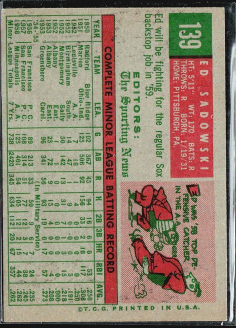 1959 Topps - Sporting News Rookie Stars #139 Ed Sadowski (RC)