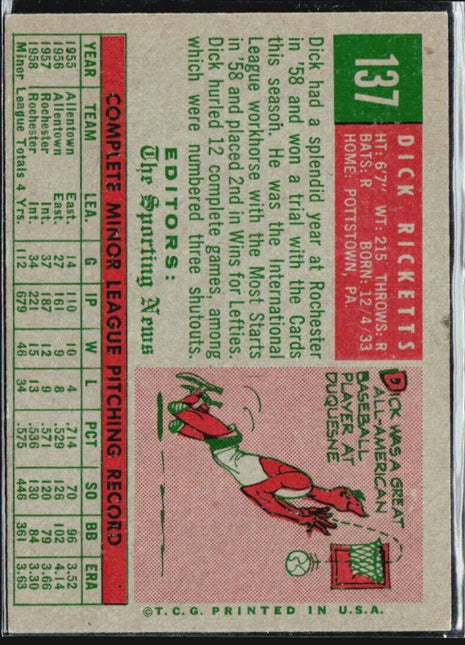 1959 Topps - Sporting News Rookie Stars #137 Dick Ricketts (RC)