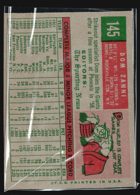 1959 Topps - Sporting News Rookie Stars #145 Dom Zanni (RC)