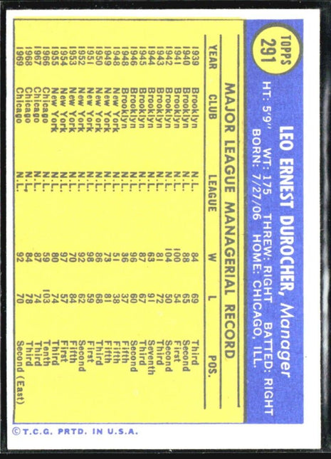 1970 Topps - #291 Leo Durocher