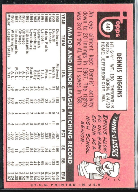 1969 Topps - Yellow Last Name #441 Dennis Higgins