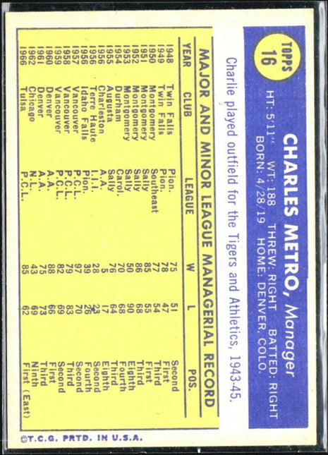 1970 Topps - #16 Charlie Metro (RC)