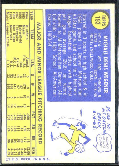 1970 Topps - #193 Mike Wegener