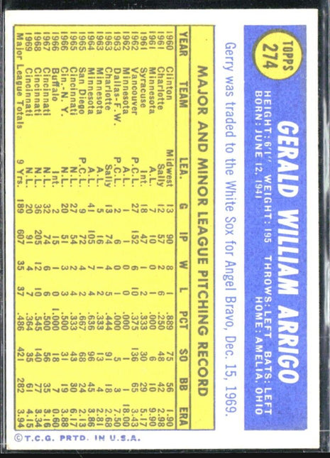 1970 Topps - #274 Gerry Arrigo