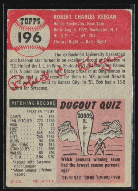 1953 Topps - #196 Bob Keegan (RC)