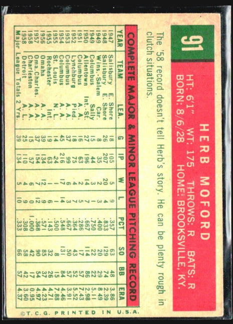 1959 Topps - #91 Herb Moford (RC)