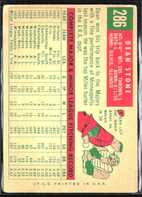 1959 Topps - Grey Back #286 Dean Stone