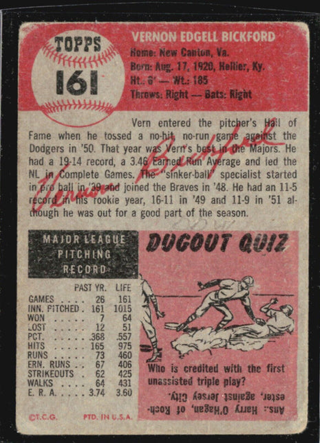1953 Topps - #161 Vern Bickford