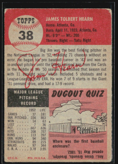 1953 Topps - #38 Jim Hearn