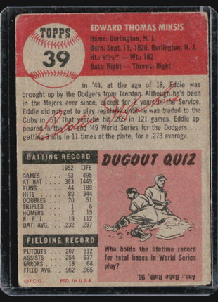 1953 Topps - #39 Eddie Miksis