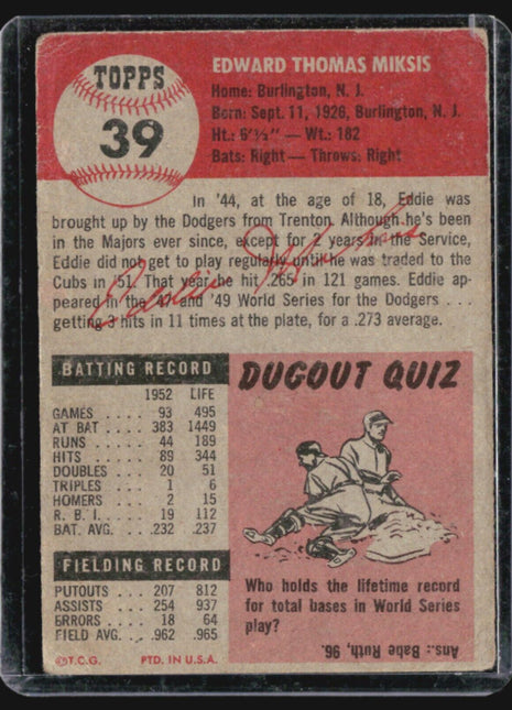 1953 Topps - #39 Eddie Miksis
