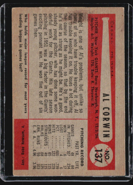 1954 Bowman - #137 Al Corwin