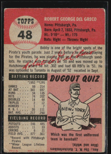 1953 Topps - #48 Bob Del Greco