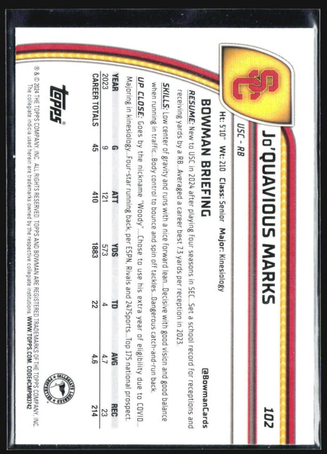 2024 Bowman University Chrome - #102 Jo'Quavious Marks (RC) Sapphire