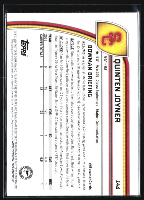 2024 Bowman University Chrome - #146 Quinten Joyner (RC) Sapphire