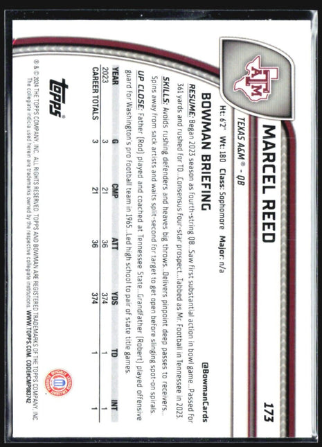2024 Bowman University Chrome Marcel Reed #173 Pink Lava