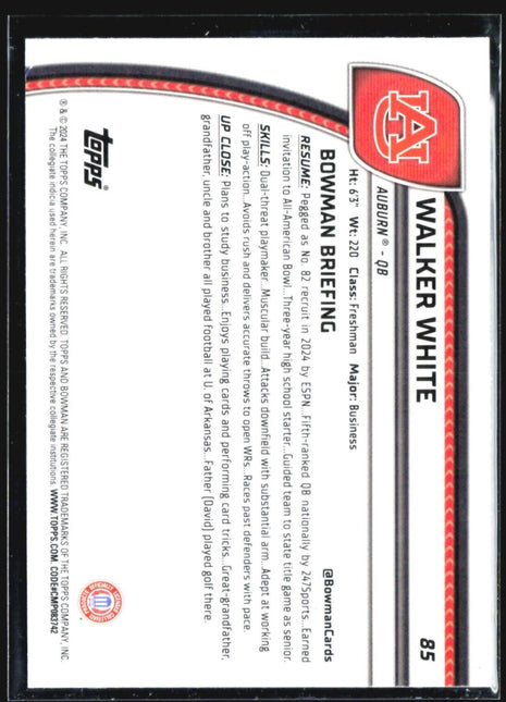 2024 Bowman University Chrome Walker White 1st Purple Shimmer #85