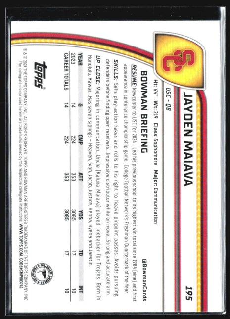 2024 Bowman University Chrome - #195 Jayden Maiava (RC) Sapphire