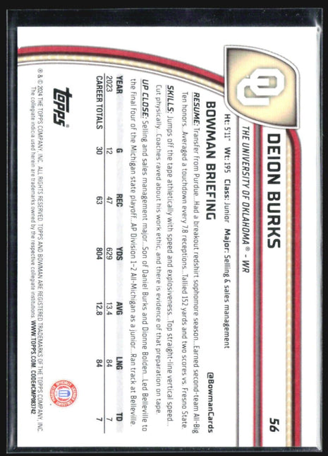 2024 Bowman University Chrome - #56 Deion Burks (RC) Purple Speckle /375