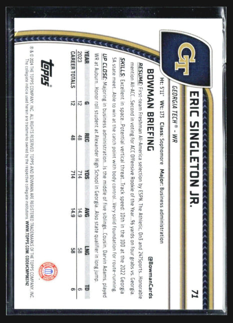 2024 Bowman University Chrome Eric Singleton Aqua Speckle /275 #71