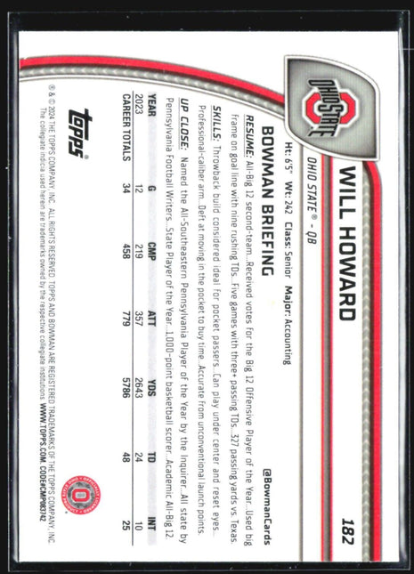 2024 Bowman University Chrome #182 Will Howard Rc