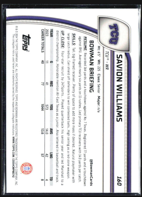 2024 Bowman University Chrome - #160 Savion Williams (RC) Pink Lava